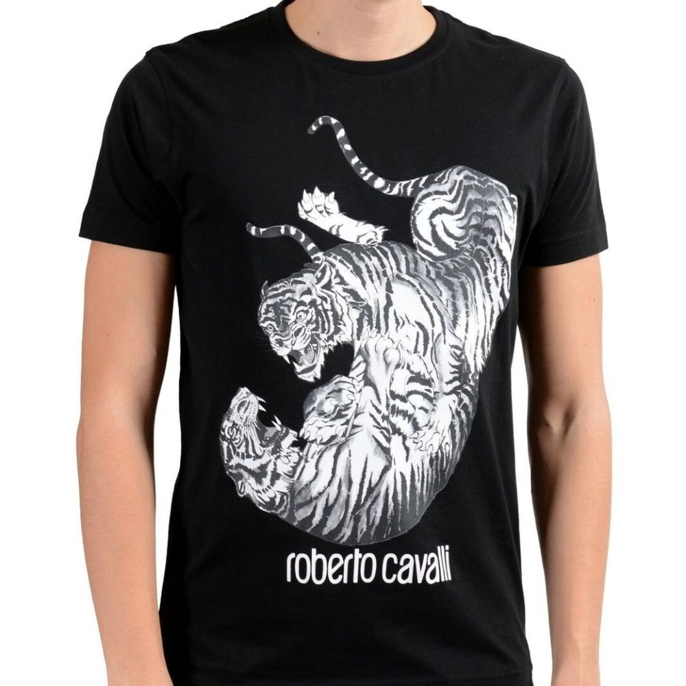 Roberto Cavalli Black Graphic Fighting T-Shirt